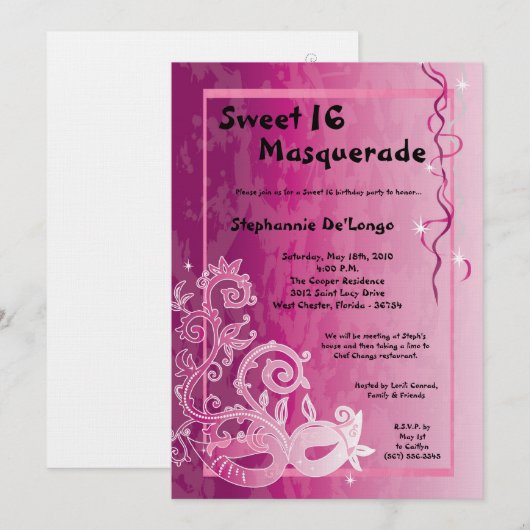 5x7 Roze Masquerade Sweet 16 Verjaardag Uitnodigin Kaart (Voorkant / Achterkant)