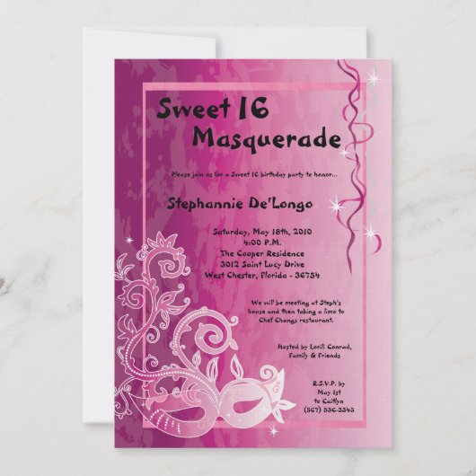 5x7 Roze Masquerade Sweet 16 Verjaardag Uitnodigin Kaart (Voorkant)