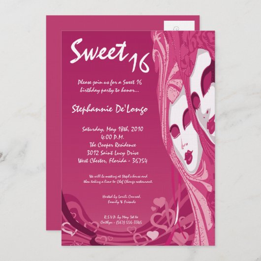 5x7 Roze Masquerade Sweet 16 Verjaardag Uitnodigin Kaart (Voorkant / Achterkant)