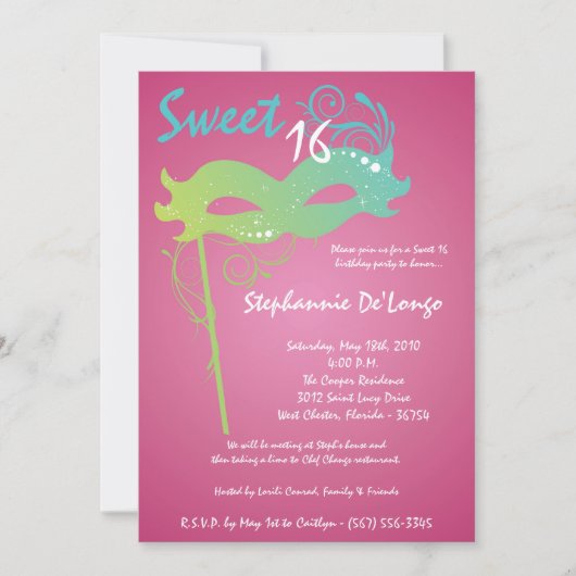 5x7 Roze Masquerade Sweet 16 Verjaardag Uitnodigin Kaart (Voorkant)