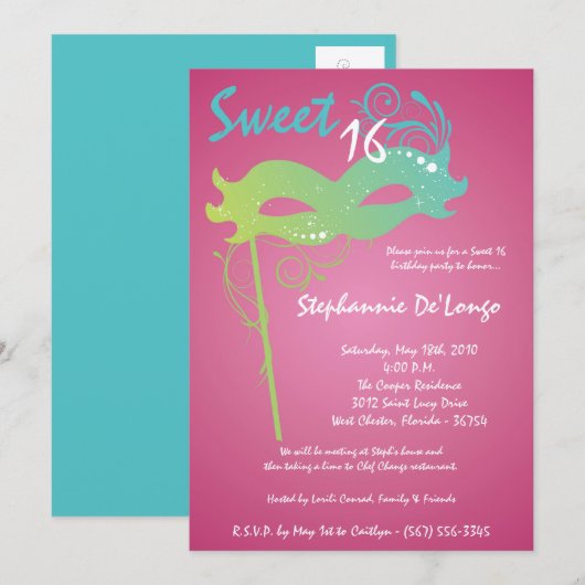 5x7 Roze Masquerade Sweet 16 Verjaardag Uitnodigin Kaart (Voorkant / Achterkant)