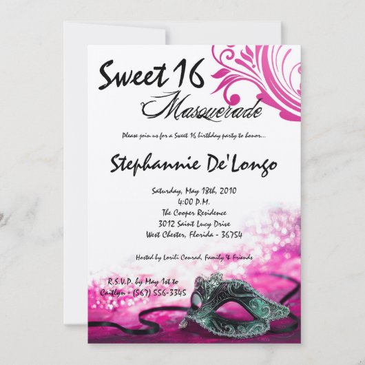5x7 Roze Masquerade Sweet 16 Verjaardag Uitnodigin Kaart (Voorkant)