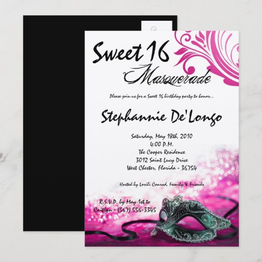 5x7 Roze Masquerade Sweet 16 Verjaardag Uitnodigin Kaart (Voorkant / Achterkant)