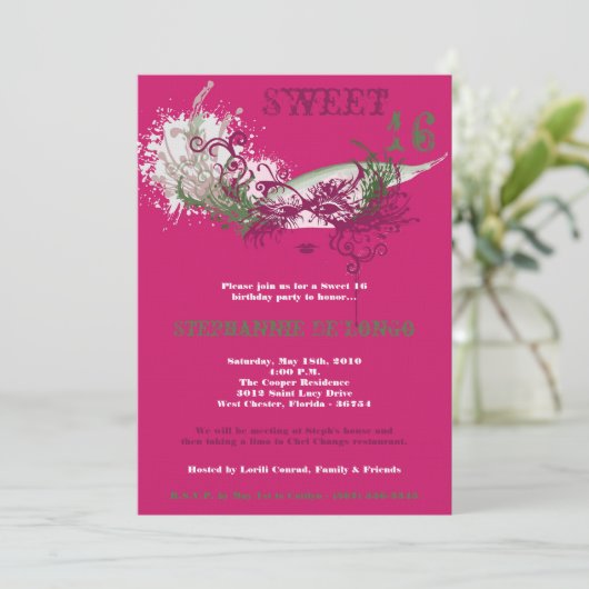 5x7 Roze Masquerade Sweet 16 Verjaardag Uitnodigin Kaart (Staand voorkant)