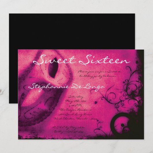 5x7 Roze Masquerade Sweet 16 Verjaardag Uitnodigin Kaart (Voorkant / Achterkant)