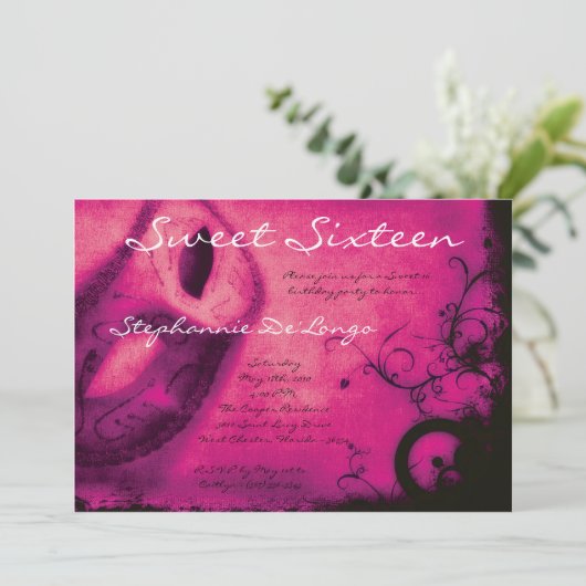 5x7 Roze Masquerade Sweet 16 Verjaardag Uitnodigin Kaart (Staand voorkant)