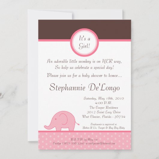 5x7 Roze Meisje Elephant Baby shower Uitnodiging (Voorkant)
