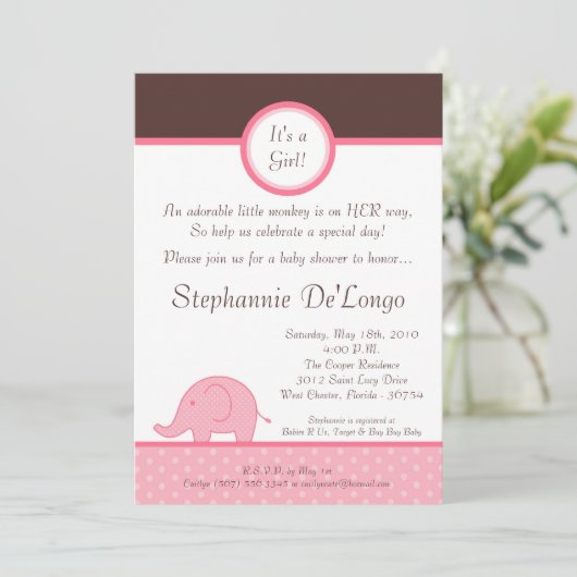 5x7 Roze Meisje Elephant Baby shower Uitnodiging (Staand voorkant)