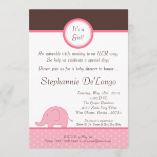 5x7 Roze Meisje Elephant Baby shower Uitnodiging