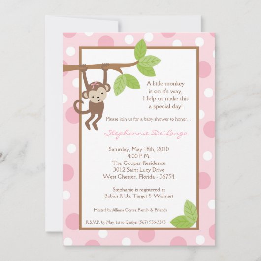 5x7 Roze Meisje Monkey Oerwoud Baby shower Uitnodi Kaart (Voorkant)