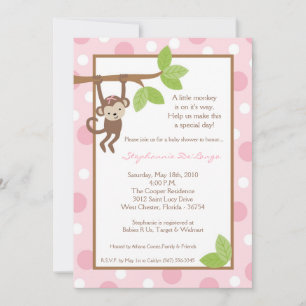 5x7 Roze Meisje Monkey Oerwoud Baby shower Uitnodi Kaart