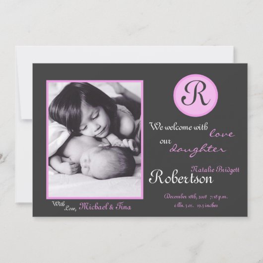 5x7 Roze Monogram Initiaal Foto Aankondiging Geboo (Voorkant)