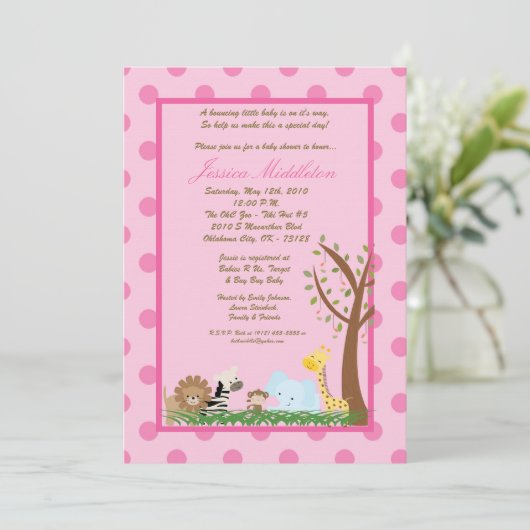5x7 Roze Oerwoud Safari Baby shower Uitnodiging (Staand voorkant)