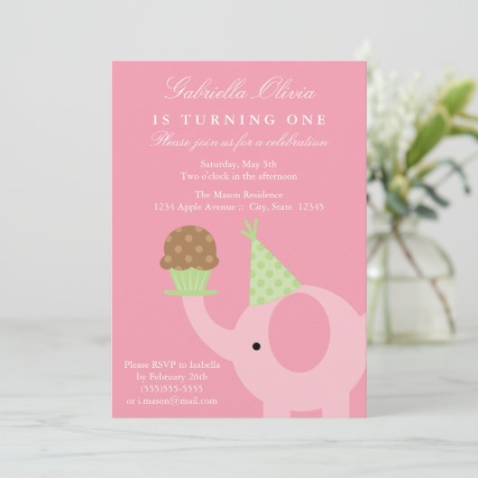 5x7 Roze olifant Birthday Uitnodiging (Staand voorkant)