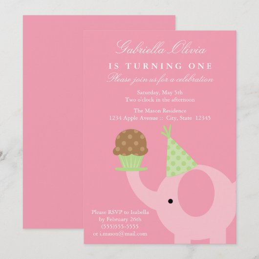 5x7 Roze olifant Birthday Uitnodiging (Voorkant / Achterkant)