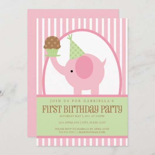 5x7 Roze olifant Birthday Uitnodiging (Voorkant / Achterkant)
