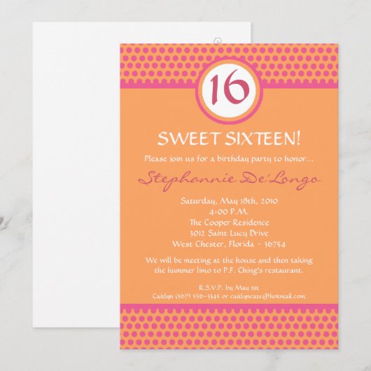 5x7 Roze & Oranje Polka Dot 16 Verjaardag Uitnodig Kaart (Voorkant / Achterkant)