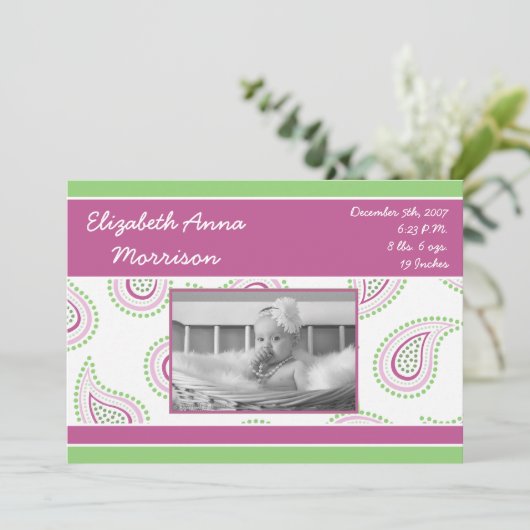 5x7 Roze Paisley Patroon Foto Aankondiging Geboort (Staand voorkant)