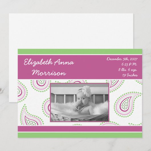 5x7 Roze Paisley Patroon Foto Aankondiging Geboort (Voorkant / Achterkant)