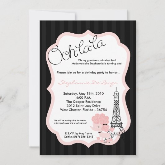 5x7 Roze Podle in Paris Birthday Party Invitation Kaart (Voorkant)