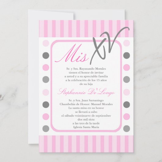 5x7 Roze Polka Dot Quinceanera Party Uitnodiging (Voorkant)
