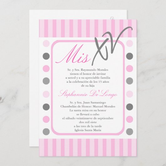 5x7 Roze Polka Dot Quinceanera Party Uitnodiging (Voorkant / Achterkant)