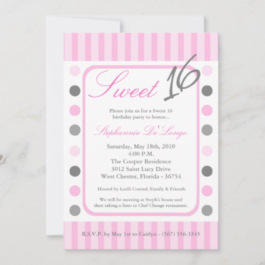 5x7 Roze Polka Dot Sweet 16 Verjaardag Uitnodiging (Voorkant)
