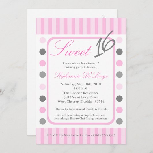 5x7 Roze Polka Dot Sweet 16 Verjaardag Uitnodiging (Voorkant / Achterkant)