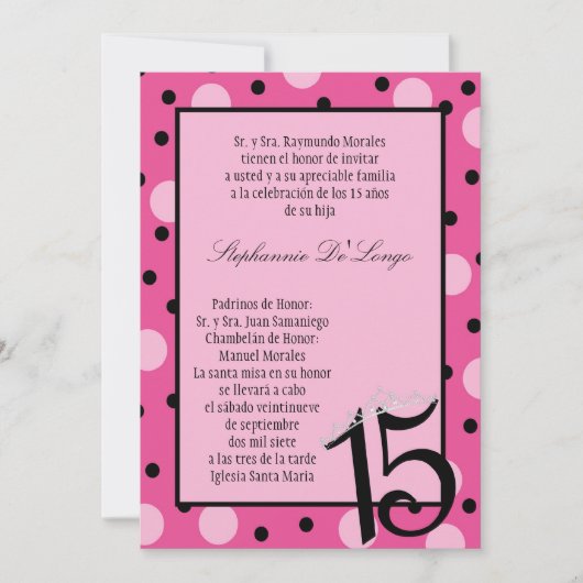 5x7 Roze Polka Quinceanera Party Uitnodiging (Voorkant)