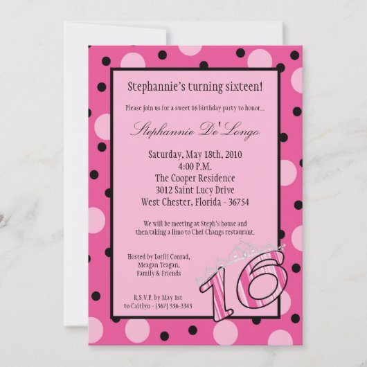 5x7 Roze Polka Sweet 16 Birthday Party Invitation Kaart (Voorkant)
