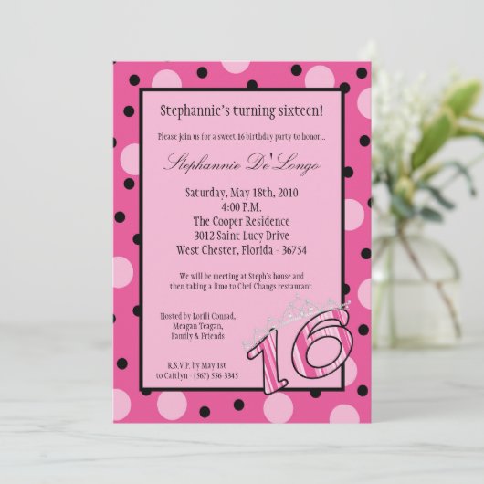 5x7 Roze Polka Sweet 16 Birthday Party Invitation Kaart (Staand voorkant)