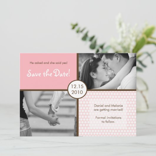 5x7 Roze Polkadot Foto Bewaar de Datum Aankondigin Kaart (Staand voorkant)