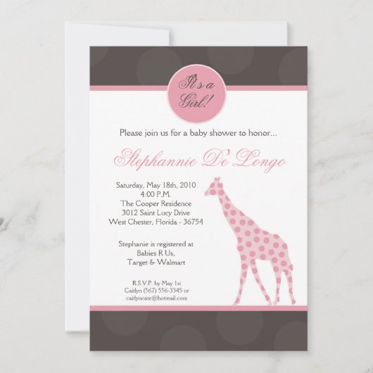 5x7 Roze pols Giraffe Baby shower Uitnodiging (Voorkant)