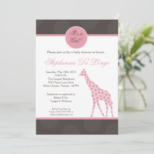 5x7 Roze pols Giraffe Baby shower Uitnodiging (Staand voorkant)