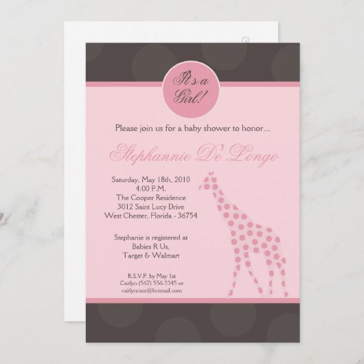 5x7 Roze pols Giraffe Baby shower Uitnodiging (Voorkant / Achterkant)