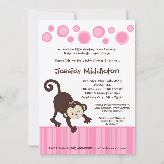 5x7 Roze Pop Monkey Dance Baby shower Uitnodiging (Voorkant)
