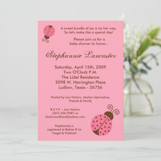 5x7 Roze Spring Lady Bugs Baby shower Uitnodiging (Staand voorkant)