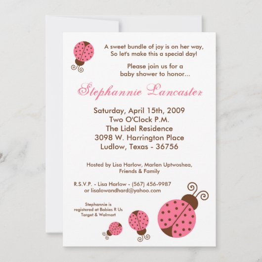 5x7 Roze Spring Lady Bugs Baby shower Uitnodiging (Voorkant)