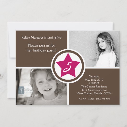 5x7 Roze ster Box Foto Birthday Party Invitation Kaart (Voorkant)