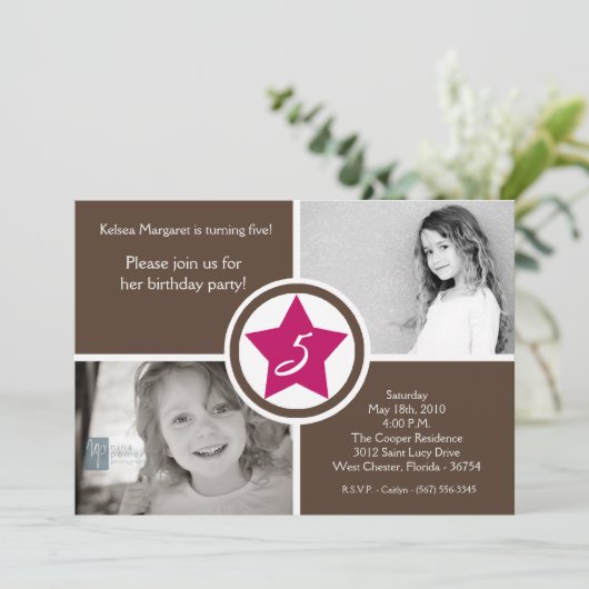 5x7 Roze ster Box Foto Birthday Party Invitation Kaart (Staand voorkant)