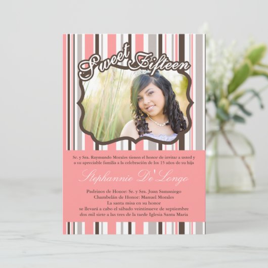 5x7 Roze Streep FOTO Quinceanera Party Uitnodiging (Staand voorkant)