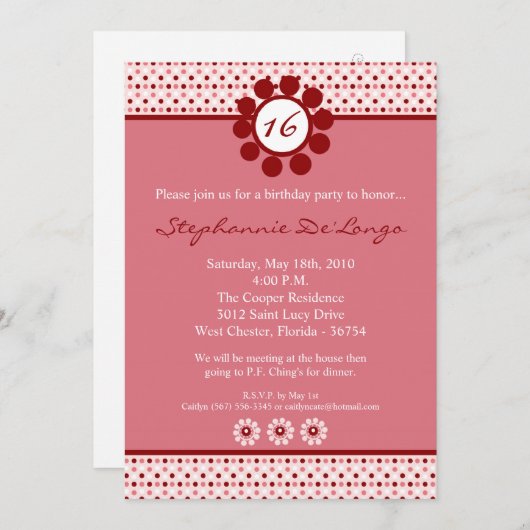 5x7 Roze Sweetheat PolkaDot 16 Verjaardag Uitnodig Kaart (Voorkant / Achterkant)