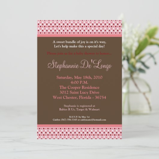 5x7 Roze Sweetheat PolkaDot Baby shower Uitnodigin Kaart (Staand voorkant)