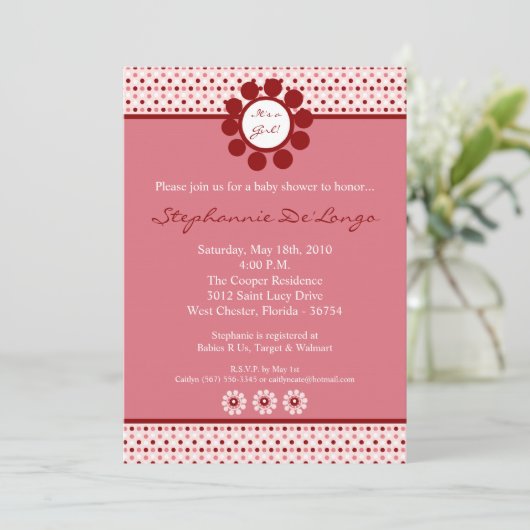 5x7 Roze Sweetheat PolkaDot Baby shower Uitnodigin Kaart (Staand voorkant)