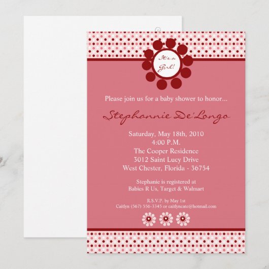 5x7 Roze Sweetheat PolkaDot Baby shower Uitnodigin Kaart (Voorkant / Achterkant)