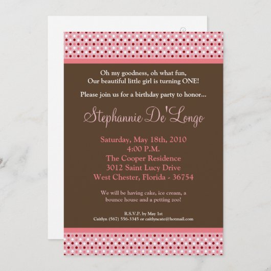 5x7 Roze Sweetheat PolkaDot Verjaardag Uitnodiging (Voorkant / Achterkant)