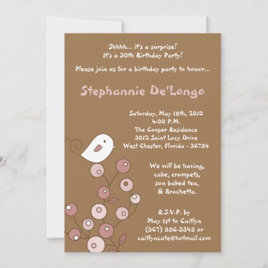 5x7 Roze Vogel Retro Struik Verjaardag Uitnodiging (Voorkant)