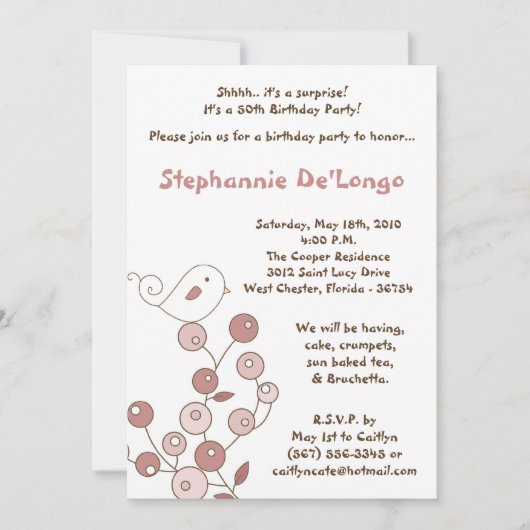 5x7 Roze vogelretro Struik Birthday Party Invitati Kaart (Voorkant)