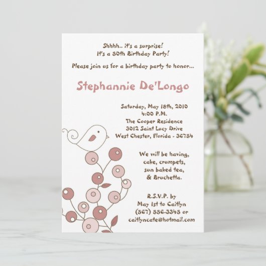 5x7 Roze vogelretro Struik Birthday Party Invitati Kaart (Staand voorkant)
