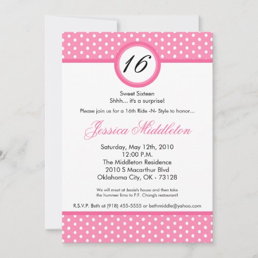 5x7 Roze Witte Polka Dot 16th Birthday Uitnodiging (Voorkant)